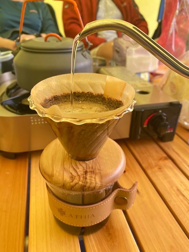 ATHIA glass pour over coffee maker set, minimalist drip coffee maker with reusable cloth filter, glass coffee dripper, olive lid & leather sleeve for single cup manual brewing (Olive Wood)