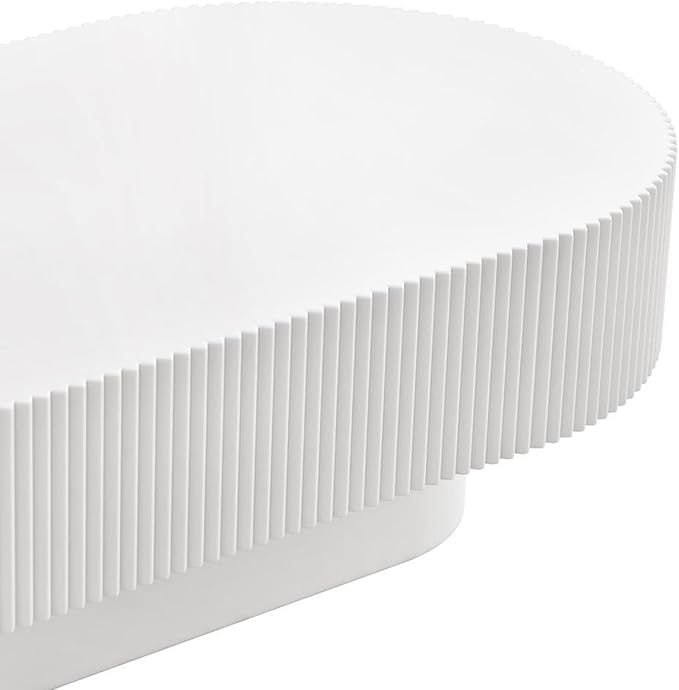 43.3 Inch Oval Drum Coffee Table, Modern Handcraft Fluted Drum Coffee Table, Wooden Oval Center Table Cocktail Table with Stable Pedestal for Living Room Apartment (White)