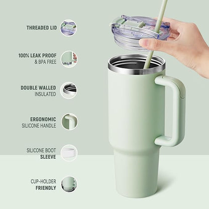 COKTIK 40 oz Tumbler With Handle and Straw Lid, Vacuum Insulated Travel Coffee Mug Stainless Steel Insulated Cup for Beverages, Leak-proof, Cupholder Friendly (Seafoam)
