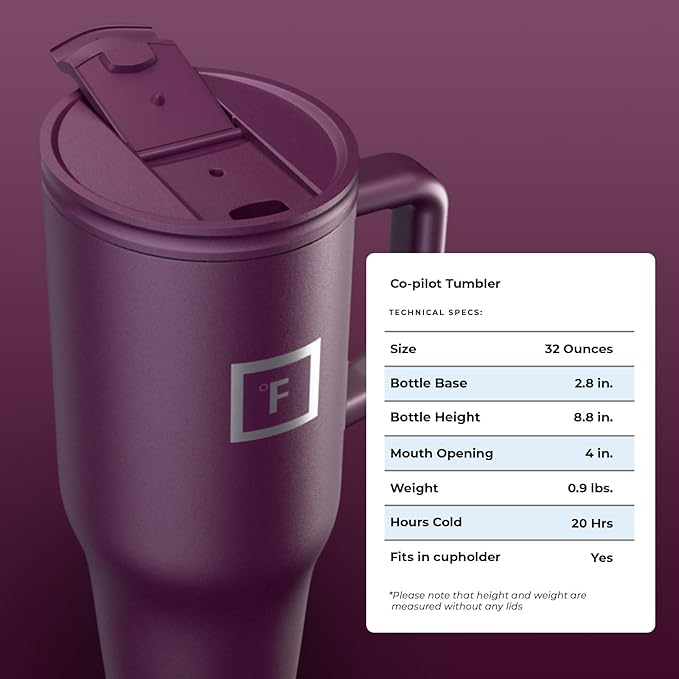 IRON °FLASK Co-Pilot Insulated Mug w/Straw & Flip Cap Lids - Cup Holder Bottle for Hot, Cold Drink - Leak-Proof - Water, Coffee Portable Travel Mug - Burgundy, 32 Oz