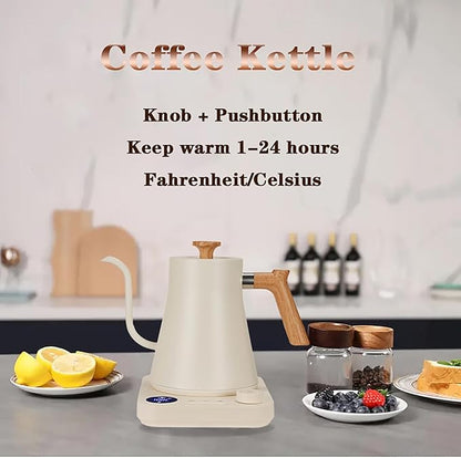 Gooseneck Electric Kettle,Electric Kettles, ±1℉ Temperature Control, Ultra-Quiet 304 Stainless Steel, for Coffee, Tea & Milk, Auto Boil Detection, 8 Safety Protections & Memory Function(white, 0.9L)