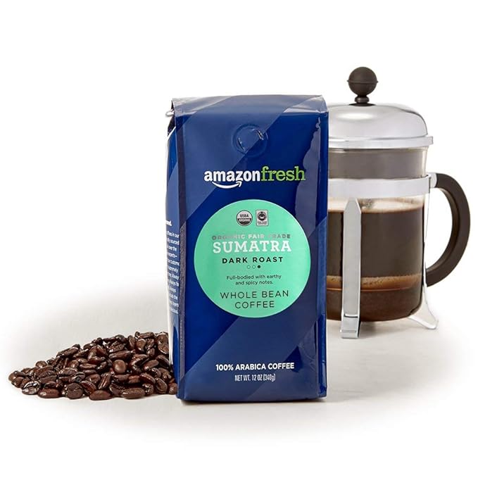 Amazon Fresh Organic Fair Trade Sumatra Whole Bean Coffee, Dark Roast, 12 Ounce (Pack of 3)