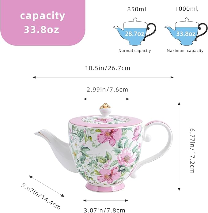 Flower Ceramic Teapot，28.7oz Blue Flower Teapot for Tea Party, Women's Gathering, Family Gathering (Pink)