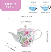 Flower Ceramic Teapot，28.7oz Blue Flower Teapot for Tea Party, Women's Gathering, Family Gathering (Pink)