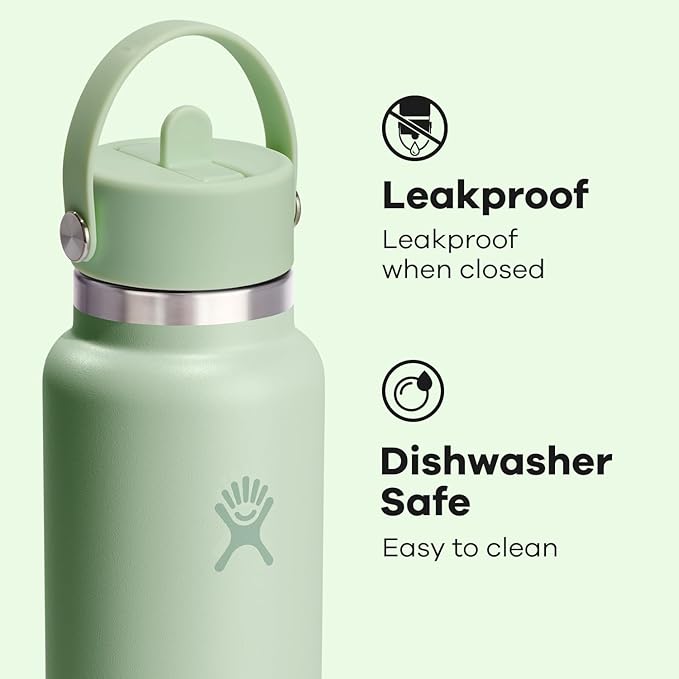 Hydro Flask Water Bottle - Insulated Stainless Steel - Wide Mouth Flex Straw Lid, Non Spill, Leakproof and Refillable in 40 Oz Aloe Green