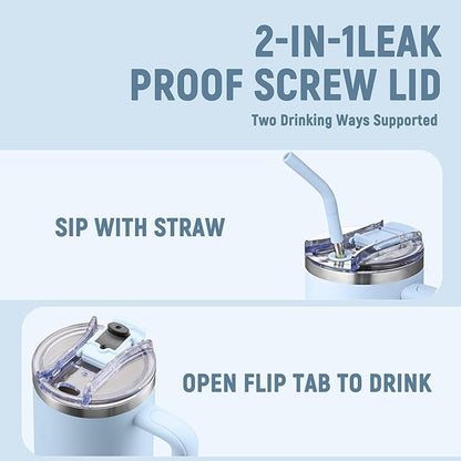 COKTIK 40 oz Tumbler With Handle and Straw Lid, Vacuum Insulated Travel Coffee Mug Stainless Steel Insulated Cup for Beverages, Leak-proof, Cupholder Friendly (Silent Sky)