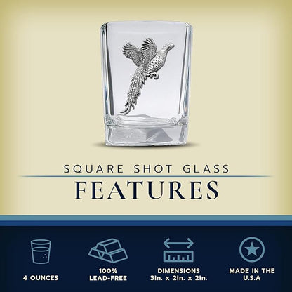Heritage Pewter Pheasant Square Shot Glass | Hand-Sculpted 1.5 Ounce Shot Glass | Intricately Crafted Metal Pewter Inlay