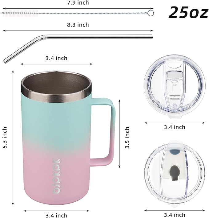 BJPKPK Insulated Coffee Mug with 2 Lids, 25oz Stainless Steel Insulated Tumbler with Handle, Double Wall Vacuum Coffee Cups, BPA Free Travel Mug for Coffee, Tea and Drinks, Marshmallow