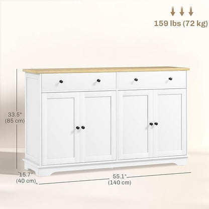 HOMCOM Sideboard Buffet Cabinet with Storage, 55" Modern Kitchen Cabinet with 4 Doors, 2 Drawers and 2 Adjustable Shelves, Coffee Bar, White