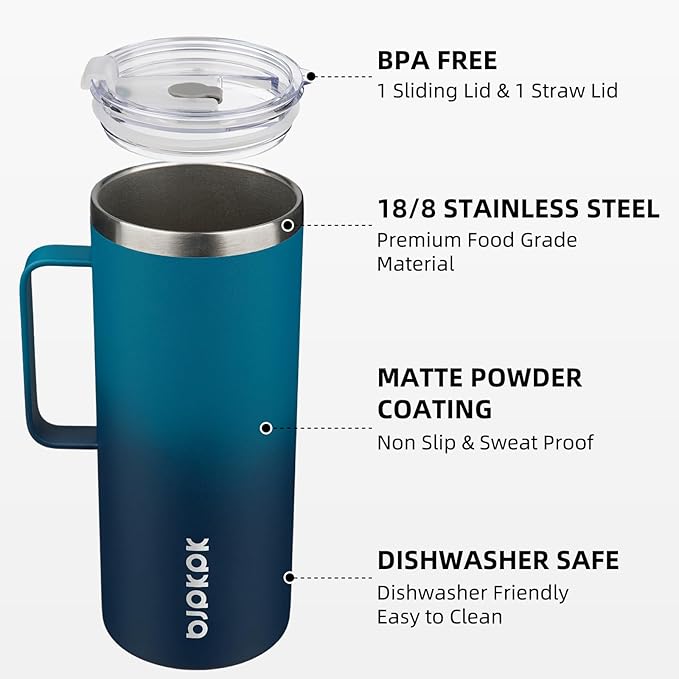 BJPKPK Insulated Coffee Mug with 2 Lids, 32oz Stainless Steel Insulated Tumbler with Handle, Double Wall Vacuum Coffee Cups, BPA Free Travel Mug for Coffee, Tea and Drinks, Vast