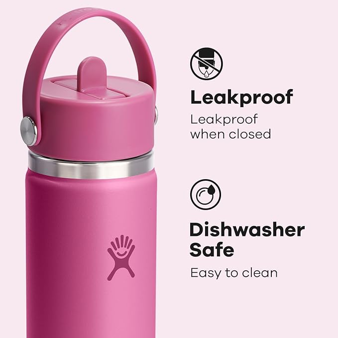 Hydro Flask Water Bottle - Insulated Stainless Steel - Wide Mouth Flex Straw Lid, Non Spill, Leakproof and Refillable in 24 Oz Reef Pink