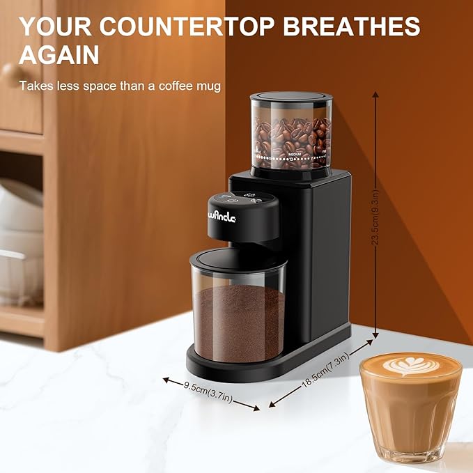 Wancle Conical Burr Coffee Grinder Touch Edition Electric Coffee Bean Grinder - 25 Grind Settings, Precision Timer, Anti-Static, Compact with Air Blower, 200W Motor