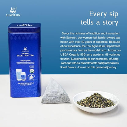 Suwirun Organic Blue Thai Tea 25 Bags – Naturally Blue Butterfly Pea Tea – Floral Aroma with Vanilla & Green Tea – Great for Hot, Iced & Milk Tea