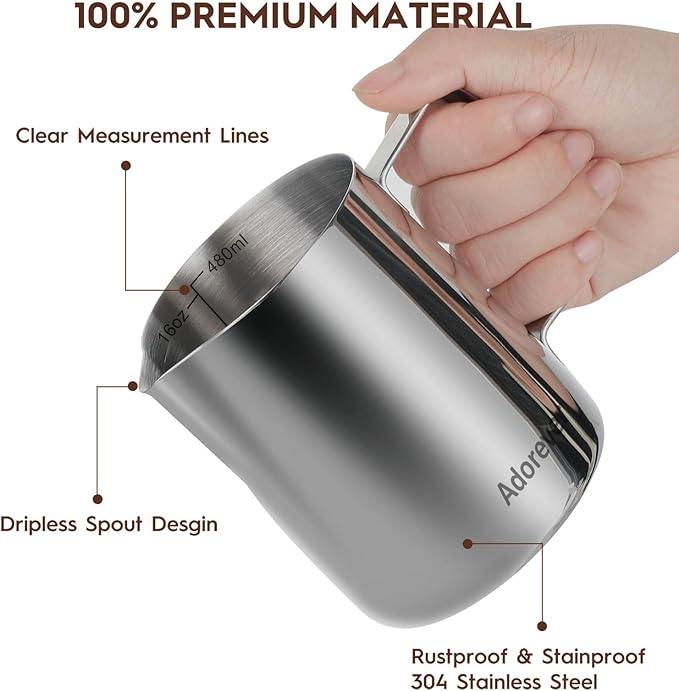 Adorever Milk Frothing Pitcher, 16oz 480ml Milk Frother Cup Stainless Steel Steaming Pitcher, Coffee Bar Cappuccino Espresso Machine Accessories Barista Tools, Steamer Cup Milk Jug with Latte Art Pen