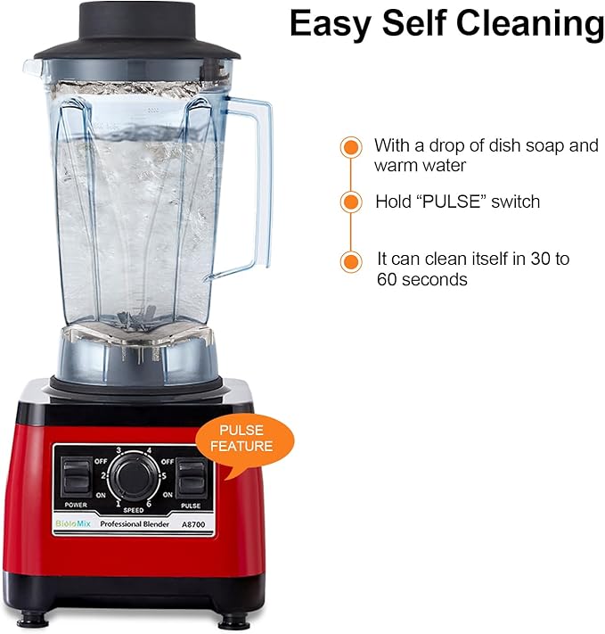 BioloMix Heavy Duty Professional Blender, Peak 2200W Commercial Grade Bar Blender With 70Oz Container For Shakes, Smoothies, Ice Crushing, Frozen Fruits, Soups, Dry Grinding (Red)