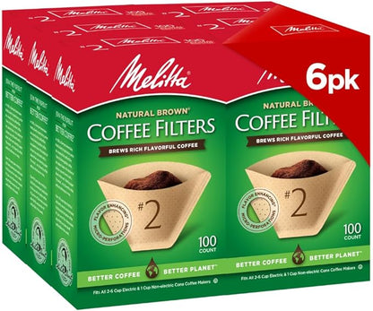 Melitta Cone Coffee Filters, Natural Brown, No. 2, 100-Count Filters (Pack of 6)
