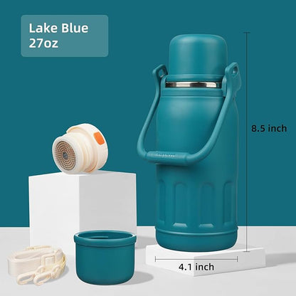 Insulated Water Bottle with Handle and Strap,Vacuum Travel Tumbler with Cup Lid,Thermo Coffee Cup for Hot Cold Drinks 27 OZ,Lake Blue