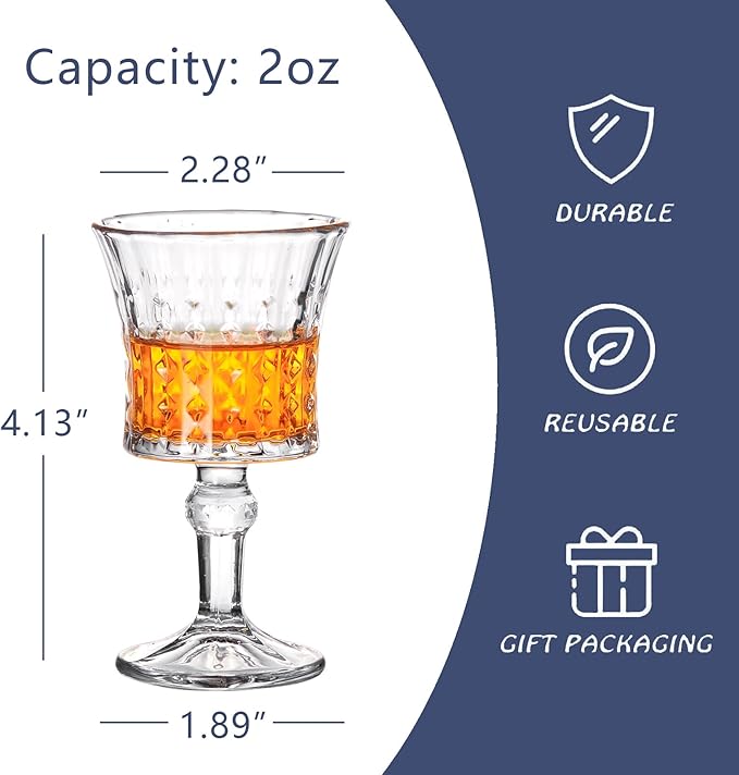 Shot Glasses, 2oz Mini Wine Glasses Set of 6, Fancy Shot Glasses/Great for White and Red Wine/Wine Glass Clear/Tasting Glasses/Cute/Etching Patterns