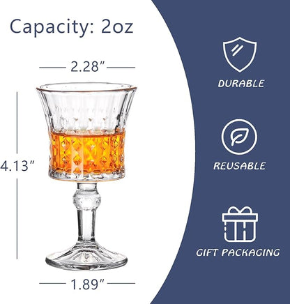 Shot Glasses, 2oz Mini Wine Glasses Set of 6, Fancy Shot Glasses/Great for White and Red Wine/Wine Glass Clear/Tasting Glasses/Cute/Etching Patterns