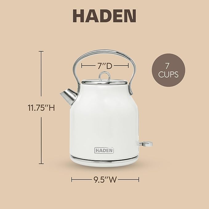 Haden Heritage 1.7 Liter Stainless Steel Electric Kettle, Hot Water Kettle with 360-Degree Base and Auto Shutoff, Ivory & Chrome