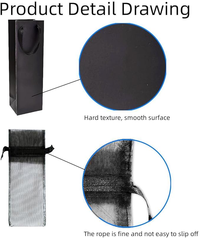 YUBONCE 60-Pack Black Wine Gift Bag With Organza Bottle Bags, Kraft Paper Tote Bags for Whiskey/Spirits, Reusable