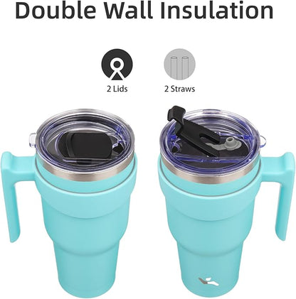 30 oz Tumbler with Handle and 2 Straw 2 Lid, Insulated Water Bottle Stainless Steel Vacuum Cup Reusable Travel Mug,Turquoise