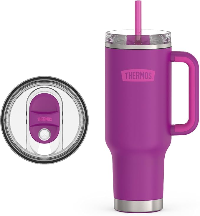THERMOS Stainless Steel Cup Holder Mug - 40 Ounce, Plum - Insulated Tumbler with Lid and Straw, Plus Leak-Resistant Slide Lock