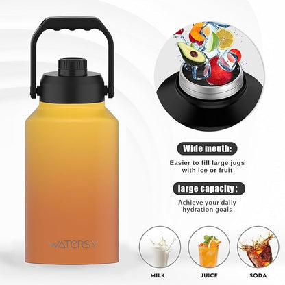 2/3 Gallon Water Bottle Insulated(Cold for 48 Hrs),BPA Free&Leak Proof,87oz Stainless Steel Water Jug/Flask,Big thermo,Large Water Bottle with Handle for Gym,Hiking,Camping,Yellow
