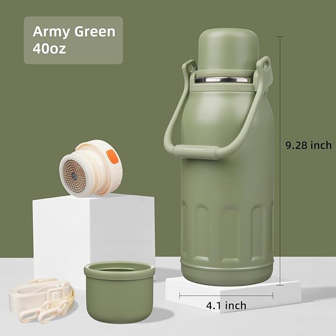 Insulated Water Bottle with Handle and Strap,Vacuum Travel Tumbler with Cup Lid,Thermo Coffee Cup for Hot Cold Drinks 40 OZ,Army Green