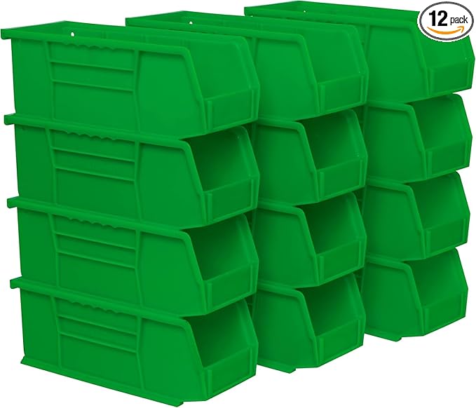 Akro-Mils 30224 AkroBins Plastic Storage Bins, Space-Saving Stackable Bins for Garage, Pantry, Craft Organization, 11" L x 4" W x 4" H, Green, 12-Pack