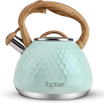 Load image into Gallery viewer, Tea Kettle, Toptier Teapot Whistling Kettle with Wood Pattern Handle Loud Whistle, Food Grade Stainless Steel Tea Pot for Stovetops Induction Diamond Design Water Kettle, 2.7-Quart Light Green