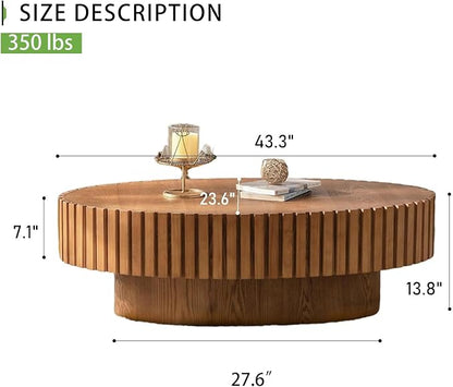Handmade Oval Grooved Drum-Shaped Coffee Table、Rustic Modern Circular Centerpiece for Living Room & Farmhouse Decor、Easy to Clean (C Wood 43in)