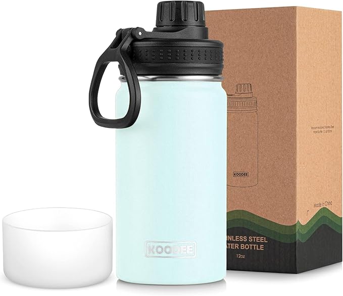 koodee Small Water Bottle 12 oz Stainless Steel Vacuum Insulated Wide Mouth Water Bottle with Leakproof Spout Lid（Bby Blue）