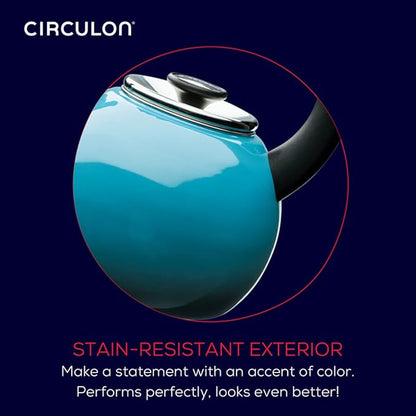 Circulon Enamel on Steel Whistling Teakettle/Teapot With Flip-Up Spout, 2 Quart - Turquoise Blue