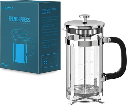 QUQIYSO French Press Coffee Maker 304 Stainless Steel French Press with 4 Filter, Heat Resistant Durable, Easy to Clean, Borosilicate Glass Coffee Press, 100% BPA Free Glass Teapot, 21 ounce, Silver