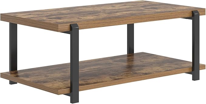 FOLUBAN Modern Coffee Table, Rustic Wood Center Table with Storage for Living Room, Industrial Rectangle 2 Tier Low Cocktail Tea Table, Rustic Brown