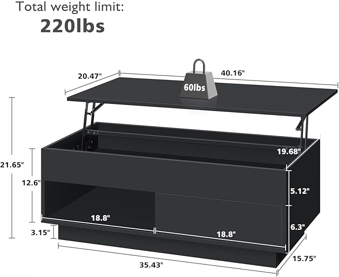 HOMMPA 40" Lift Top Coffee Table with Storage LED Coffee Table Morden High Gloss Living Room 3 Tiers Modern Tea Table with Storage Center Tables Hidden Compartment & Open Shelve & Drawer Black