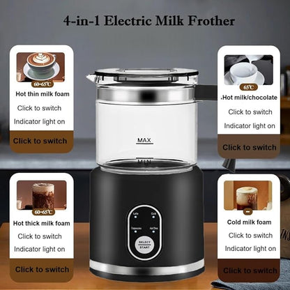 Electric Milk Frother,4 in 1 -Automatic Milk Frother,14oz Silent Operation Hot and Cold Milk Foamer Temperature Control Milk Steamer Warmer for Coffee,Latte,Cappuccino,Hot Choc,Dishwasher Safe (Black)