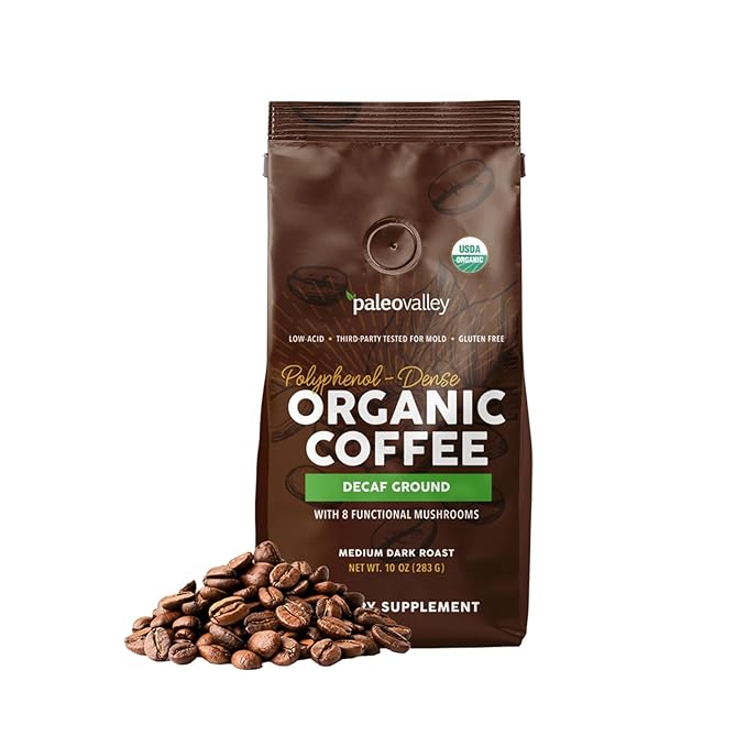 Paleovalley Organic Ground Coffee, 10oz - Decaf, Low Acid, Single-Origin, Polyphenol-Rich, Infused with Mushrooms
