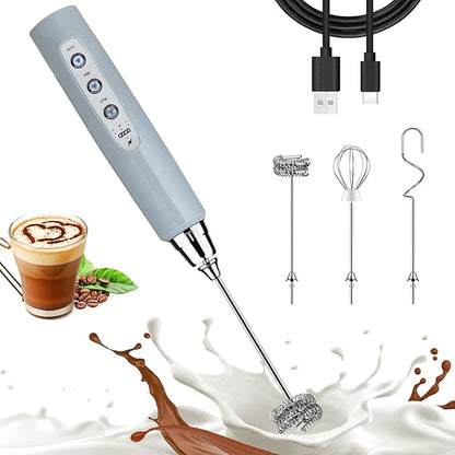 Nahida Cement Gray Milk Frother Wand for Coffee, Frother Handheld Rechargeable Electric Whisk with 3 Heads 3 Speeds Drink Mixer Coffee Frother Foam Maker For Latte, Cappuccino, Hot Chocolate, Egg