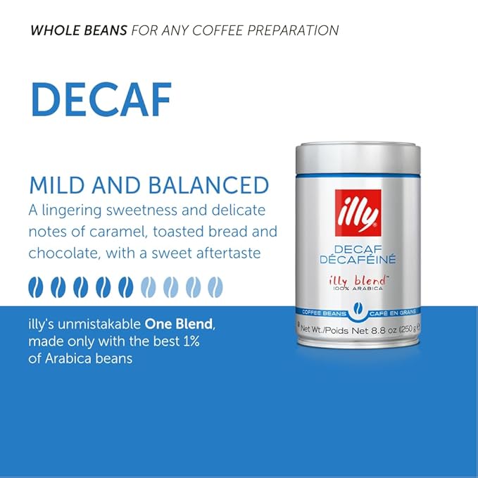 illy Whole Bean Coffee - Perfectly Roasted – Classico Decaf Roast - with Notes of Caramel, Toasted Bread & Chocolate - 100% Arabica Beans - No Preservatives – 8.8 Ounce, 6 Pack