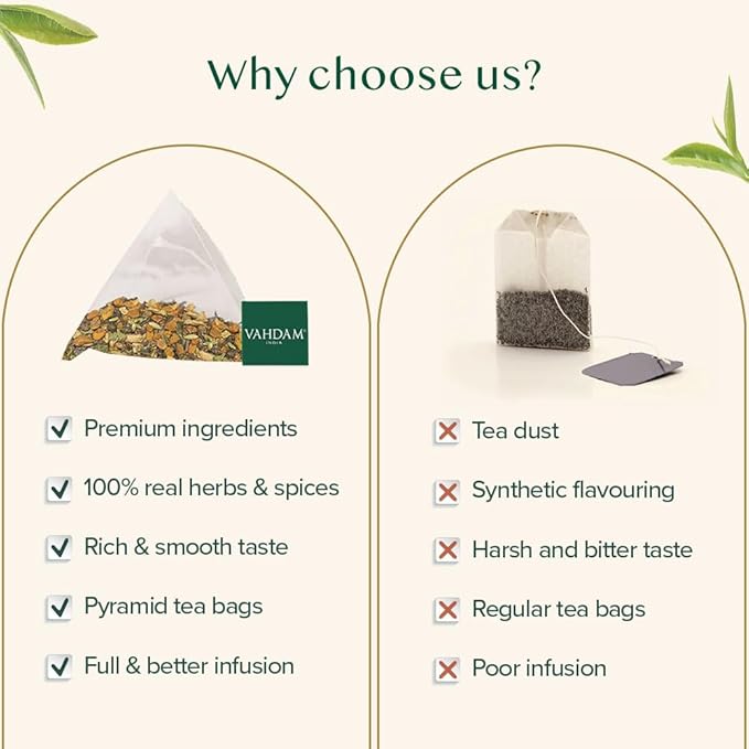 VAHDAM, Vedic Kadha Herbal Tea Bags (100 Ct) Caffeine Free, 100% Real Ingredients - Turmeric, Black Pepper, Amla, Tulsi, Ginger, Cloves | Pure Herbal Tisane - Earthy, Savory | Resealable Ziplock Pouch