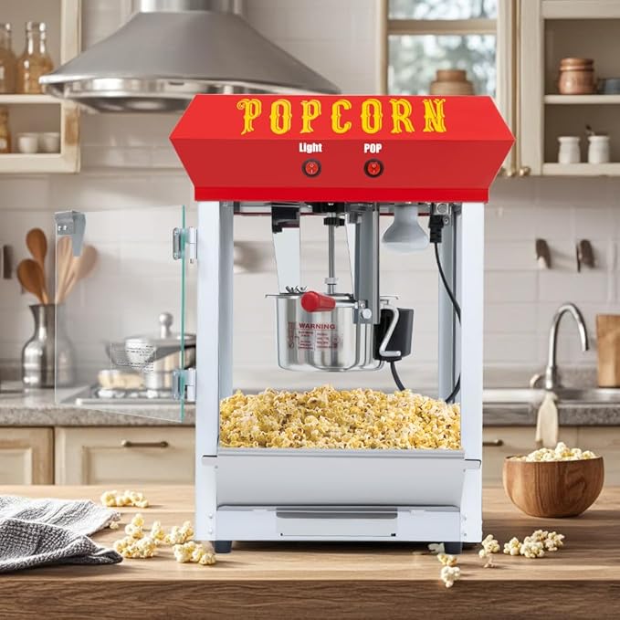 6OZ Popcorn Machine 丨 Stainless Steel Kettle Popcorn Maker for Home, Theater, Parties丨Grade Electric Popper, Red
