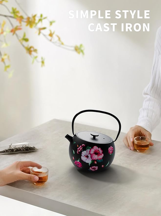 Toptier Teapot with Removable Infuser, Cast Iron Tea Kettle Stovetop Safe, Solid Geometry Ball Design Tea Pot Coated with Enameled Interior for 32 Ounce (950 ml), Morning Glory