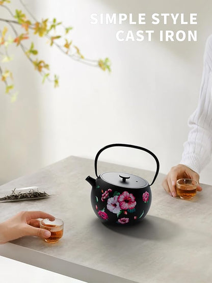 Toptier Teapot with Removable Infuser, Cast Iron Tea Kettle Stovetop Safe, Solid Geometry Ball Design Tea Pot Coated with Enameled Interior for 32 Ounce (950 ml), Morning Glory