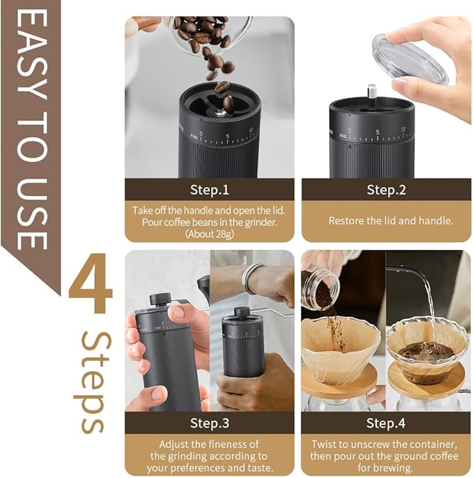 Hand Coffee Grinder Conical Burr for Espresso French Press Pour Over Double Bearing External Adjustment Capacity 25g (Ceramic Burr-Black)