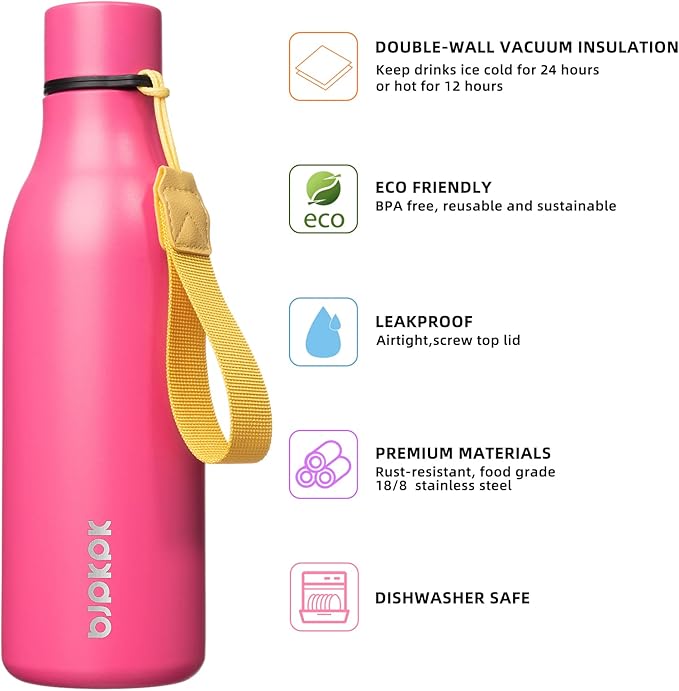 BJPKPK Insulated Water Bottles, 18 oz Stainless Steel Metal Water Bottle with Strap, BPA Free Leak Proof Jugs, Mugs, Flasks, Reusable Thermal Flasks for Sports & Travel, Pink