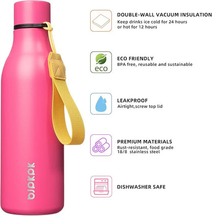 BJPKPK Insulated Water Bottles, 18 oz Stainless Steel Metal Water Bottle with Strap, BPA Free Leak Proof Jugs, Mugs, Flasks, Reusable Thermal Flasks for Sports & Travel, Pink