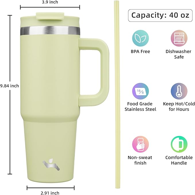 40 oz Tumbler with Handle and 2 Straws,2 in 1 Lid Insulated Water Bottle Stainless Steel Travel Coffee Mug,Macaron Green