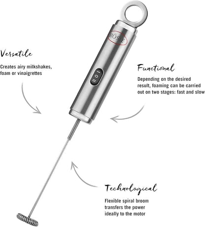 Rosle 12961 Stainless Steel Dual Speed Electric Liquid Frother Whisk with Round Handle 10.5 in, Silver